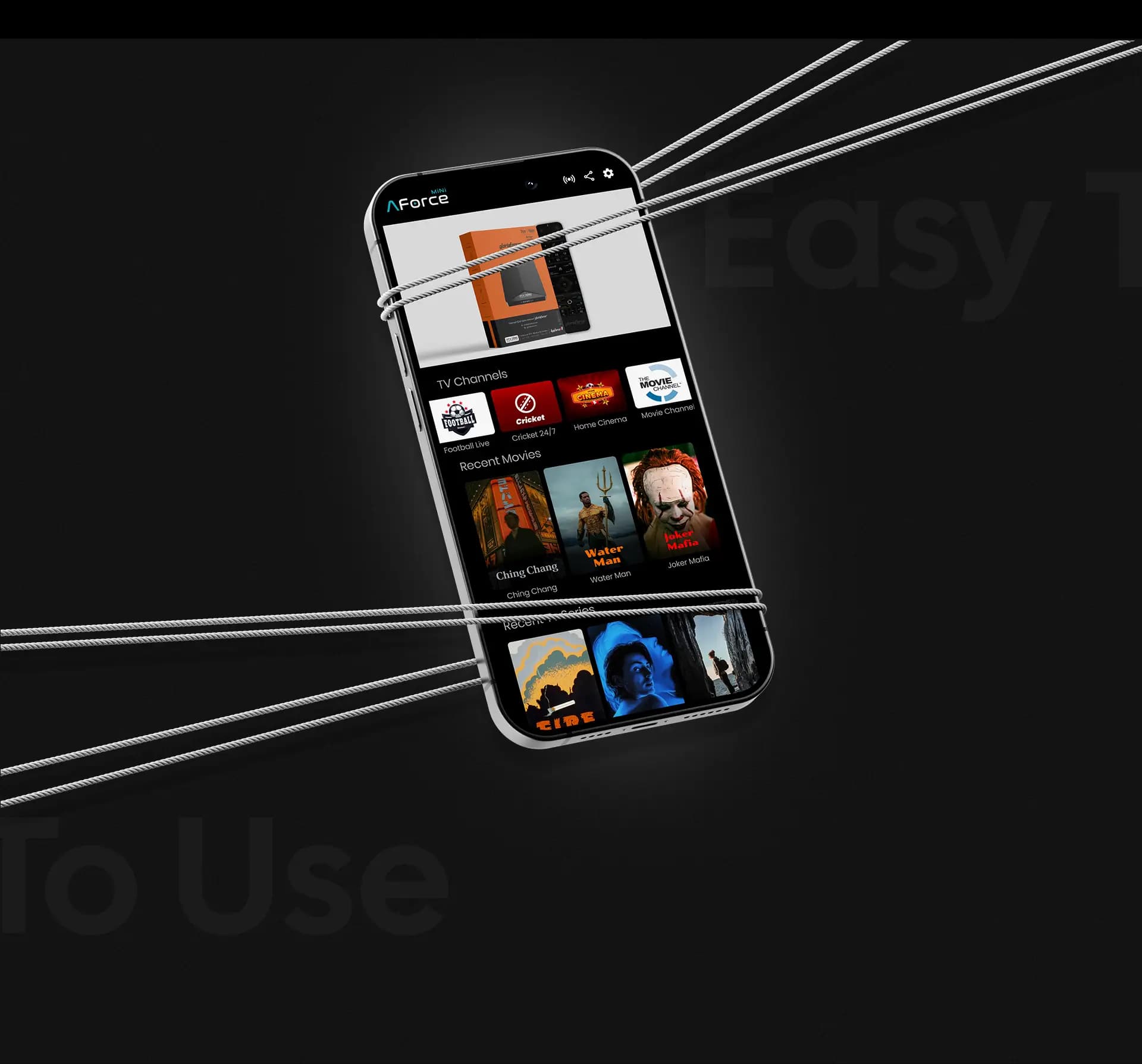 AppForce Mini media player app displaying content categories, featured items, and a clean user interface on a smartphone.