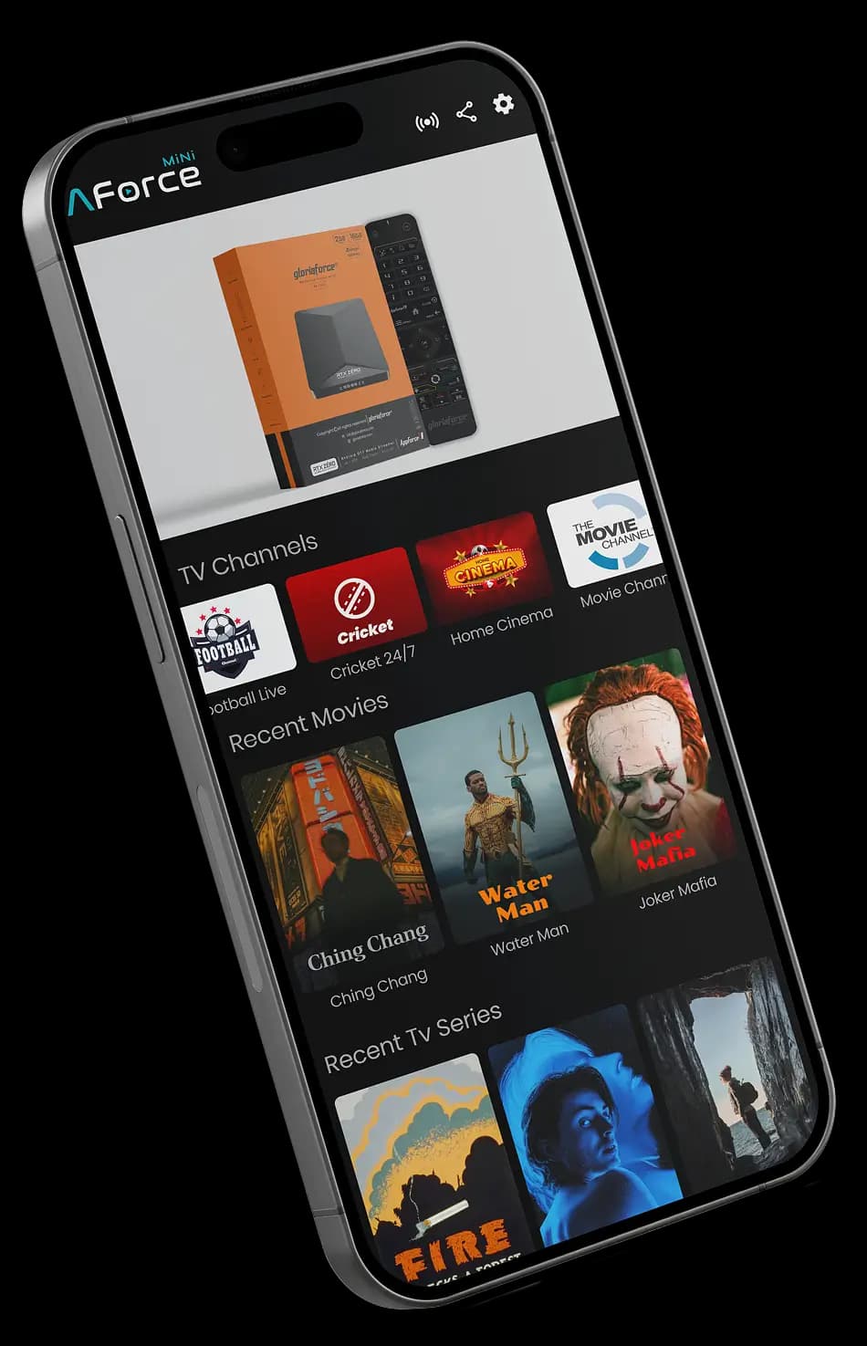 AppForce Mini media player app displaying content categories, featured items, and a clean user interface on a smartphone