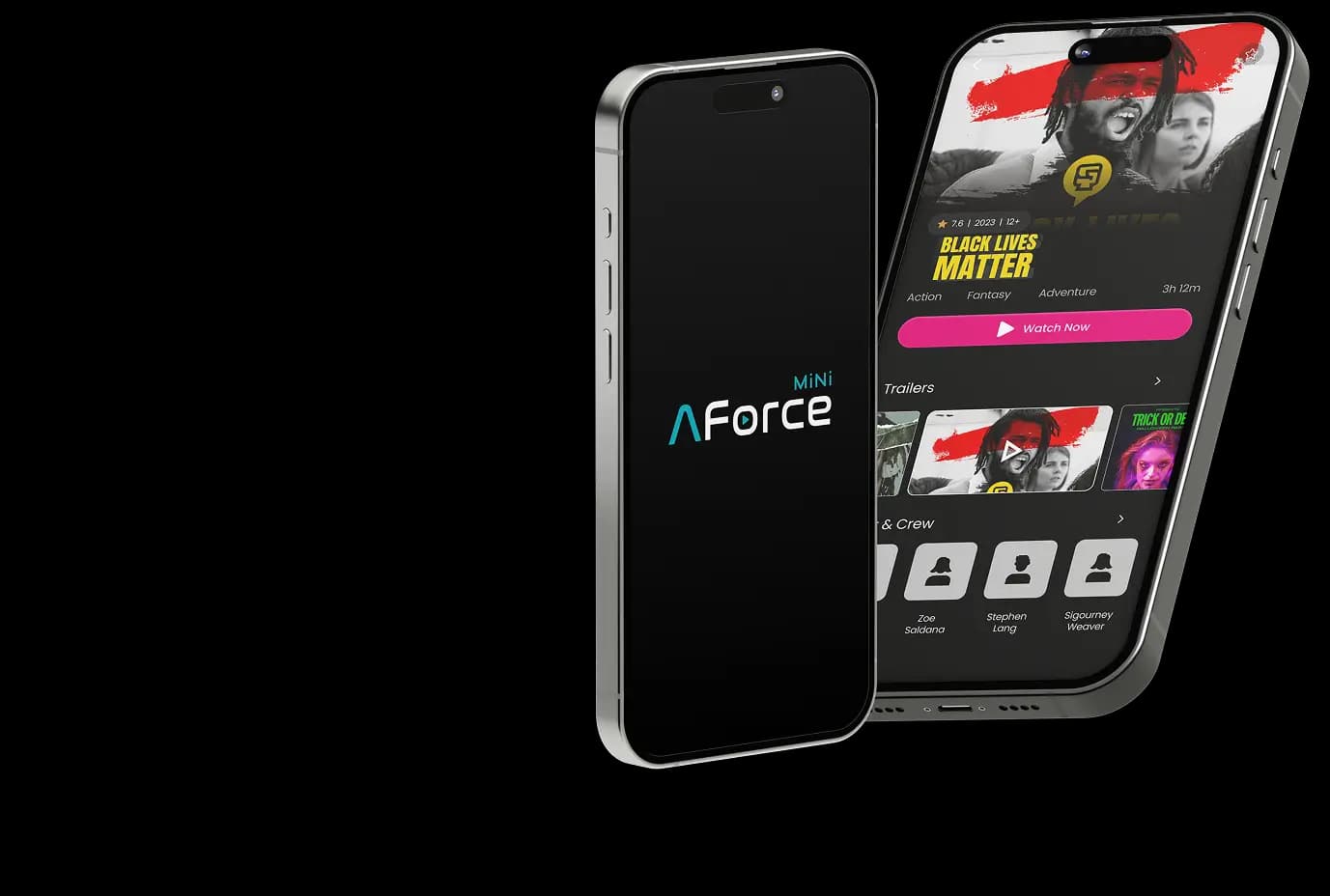 AppForce Mini mobile app splash screen and content details page showcasing a modern media player design.